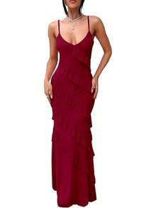 Women's Backless Bodycon Spaghetti Strap Elegant Ruffle Maxi Cocktail Party Dresses, 2025 QMO3 - 酒紅色 - 查看 11