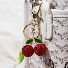 1pc Cute Rhinestone Studded Cherry Keychain, Metal Key Chain Ring Cartoon Gift - Multicolor - View 10