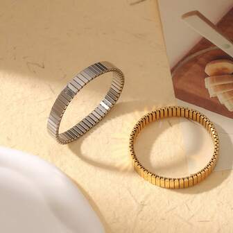 1pc 18K Gold Plated Stainless Steel Bracelet - Vintage Elastic Design, Fashionable Jewelry For Women, Elegant & Versatile Bangle