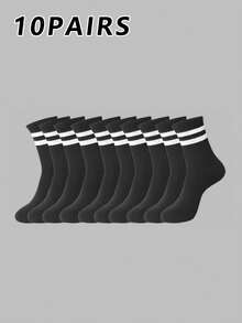 10 par męskich wielokolorowych, czarno-białych, w paski, jednokolorowych, wygodnych skarpetek do połowy łydki - Wielokolorowe - Zobacz 9
