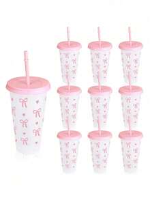 1个/5个/10个装 24盎司粉色和蓝色蝴蝶结塑料杯，带盖和吸管，可重复使用，可爱透明塑料杯，适合生日、婚礼和派对用品，带粉色丝带的可重复使用塑料杯，夏季饮料杯，适合生日、婚礼和派对用品，非常适合派对、饮用、咖啡，也适合母亲节、婚礼、生日、单身派对或作为礼物。 - 彩色 - 查看 10