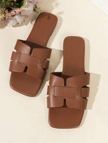 1 Pair Women's Plus Size Casual Summer Flat Sandals, Open Toe Gold Color, Fashion Versatile, Lightweight & Comfortable, Basic Daily Wear. Comfortable Summer Footwear, Suitable For Daily Wear, Fashionable Open Toe Design, Good Breathability, Versatile Casual Sandals, Suitable For Pairing With Any Outfit, Fashionable For French Women, Suitable For Dresses, Beach, Honeymoon, Bohemian Style, Toe Strap, Flat Casual Shoes, Beach Shoes - Brown - View 5