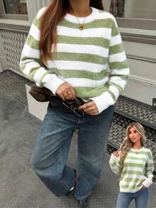 Women's Casual Loose Fit Contrast Color Striped Oversized Sweater, Autumn/Winter