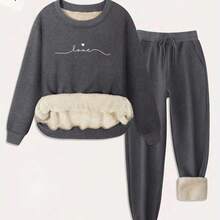 Women'S Cozy Fleece-Lined Sweatshirt & Jogger Set - Casual Long Sleeve Crewneck With "Love" Print, Drawstring Pockets, And Thickened Design For Fall/Winter, Cozy Clothing | Relaxed Fit Pants | Fleece Lined Sweatshirt, Sweater Pants - Xám đậm - Xem 3