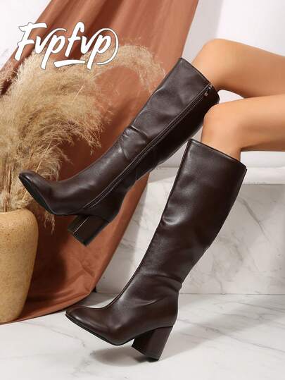 FVPFVP Inspired Patent Leather Square Toe Tall Boots, Slim Fit Chunky Heel Riding Boots For Women, Autumn/Winter