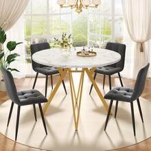 Dining Table Set (5 Pieces), Dining Table Set With 4 Chairs, Modern Kitchen Dining Table Set, 100cm Diameter Round Kitchen Table And Gold Metal Legs, MDF Marble Table Top, Grey Dining Chairs - Gold + Gray + Linen + MDF - View 12