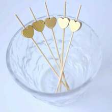 50/10/100/200pcs, 12cm Heart-Shaped Bamboo Skewers For Cupcakes, Fruit, Party Desserts, Salads, Cocktails, Wedding Decoration, Gold Heart Cocktail Picks, Sandwich & Appetizer Bamboo Toothpicks, Summer Party Supplies - Gold - View 7