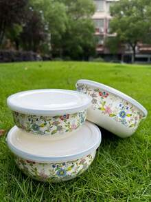 3个便携式午餐盒，适用于新鲜蔬果、冷冻食品、洗碗机适用午餐碗，带盖；时尚搪瓷碗，适用于汤、沙拉等。