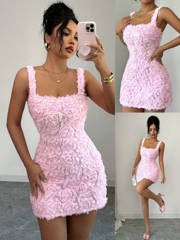 Women's Pink Solid Color Spaghetti Strap Backless Zipper A-Line Mini Dress With Floral Applique, Waist Cinched, Square Neck, Sexy & Elegant, Suitable For Dates, Parties, New Year, Valentine's Day, Ramadan - Pink - View 5
