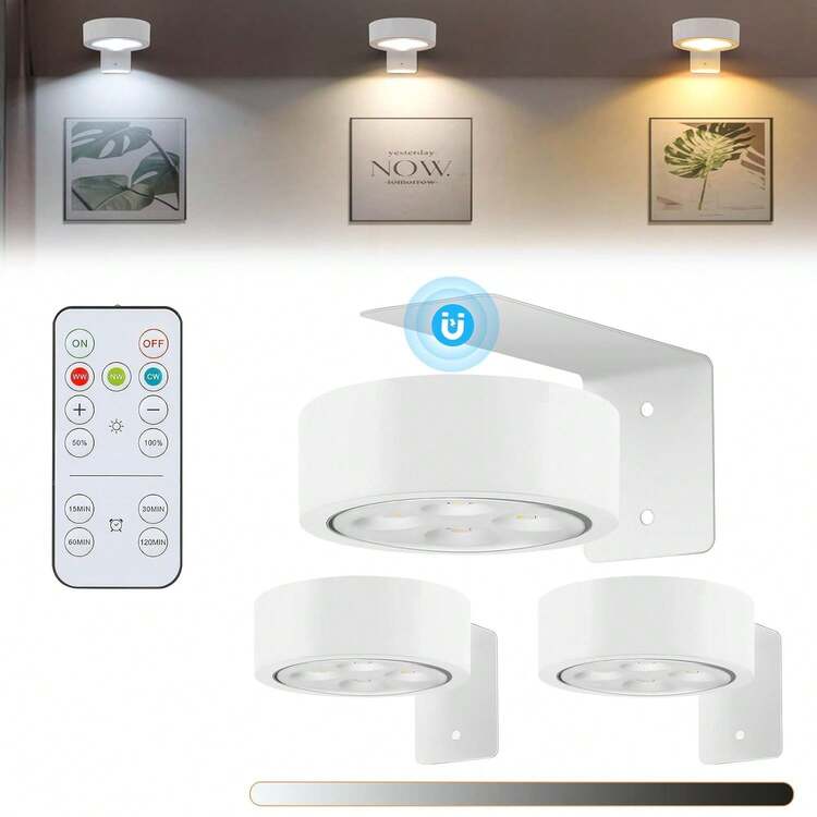 3pcs Under Cabinet Lights, Wall Decor Sconces, LED Painting Lights, Art Display Lamps, Cabinet Lights With Remote Control Dimmable And Timer Function, Battery Powered (Batteries Not Included), 3 Lighting Modes, Suitable For Art Gallery, Studio Backdrop, Bedroom (White, Black, Gold) - CW - View 2