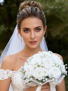 1 件装 满天星玫瑰新娘婚礼花束、新娘白色花束、婚礼人造花束、伴娘花束（配丝带）、情人节、装饰珍珠蕾丝网状玫瑰花束