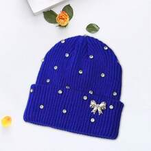 Women Knitted Hat, Bow Pearls Shiny Rhinestones Soft Crochet Hat Warm Winter Cap For Indoor Outdoor - Xanh đậm - Xem 6