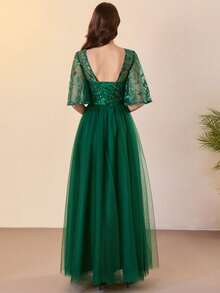 Women's Formal Ball Gown Lace Sequin Mesh Graduation Party Dress, Sequin Ruffle Sleeve Long Evening Dress, Bridesmaid Dress - Dark Green - View 2