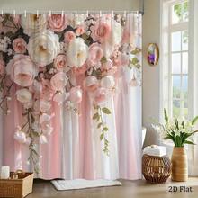 2D Flat Print Elegant Floral Pattern Artificial Gemstone Shower Curtain Decorated With Soft Pink And White Roses, Peonies, And Draped Fabric Suitable For Wedding Home Decoration Bathtub Curtain Includes  Size 70.8x 70.8inch 2D Flat Style - 彩色 - 查看 2