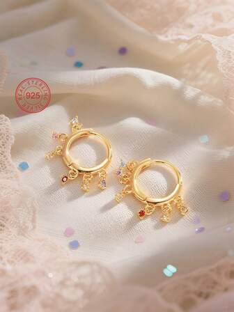 Artepollo 1 pieza Pendientes de aro con borla de plata de ley 925 hipoalergénicos, con circonita cúbica de colores incrustada, empaquetado en caja de regalo, elegante y refinado, adecuado para uso diario o festividades, regalo para niñas, amigas, vuelta al colegio