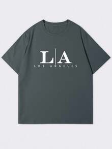 Camiseta casual de verano para hombres cuello redondo manga corta estampado de letras gráfica  Ángeles diseño fresco transpirable moda streetwear básico cómodo dailywear outfit urbano - Gris Oscuro - Ver 3