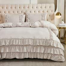 Beige Comforter Set Queen/King Size,Waterfall Ruffle Shabby Chic Farmhouse Bedding Sets,Soft Fluffy Boho Comforters Sets For All Season,200g Microfiber Filling Vintage Ruffled 3 PCS Quilt Set For Women Girls Room Decor - 米灰色 - 查看 2