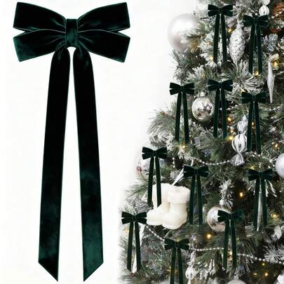 12个深绿色天鹅绒蝴蝶结圣诞树装饰品，5英寸 x 10英寸，适用于圣诞树、家居、房间、生日派对、前门、婚礼等节日装饰，圣诞花环蝴蝶结，乡村工艺品礼品蝴蝶结，天鹅绒丝带蝴蝶结，适用于圣诞节家居花环装饰、节日婚礼室内外装饰，圣诞装饰品