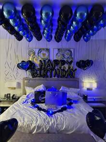583pcs Blue & Black Birthday Balloon Kit, 500pcs Non-Woven Fabric Petals, 16" Happy Birthday Banner, 8pcs 18" Foil Heart Balloons, Thick Latex Balloons, Suitable For Men's Birthday Party, Dark Color Aesthetic Party Background, Romantic Bedroom Decor, Midnight Surprise Birthday Party Decor, Influencer Photo Backdrop, Anniversary, Home Decor, Photo Backdrop, Party Organizer, Event Planner - Multicolor - View 6