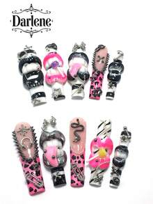 Each Set Consists Of 10 Pieces Of Y2K Square Handmade Acrylic Nail Plates, Designed In French Style With Rhinestones, Teeth, Leopard Print, And Lollipop Decorations. There Are Multiple Color Options Available, Including Nude Colors. 3 Sizes To Fit, Suitable For Parties, Dances, And Daily Wear, Comes With A Nail Kit, Making It An Ideal Press On Nails Gift For Ladies And Girls. - 彩色 - 查看 1