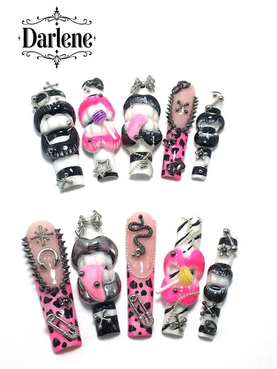 Each Set Consists Of 10 Pieces Of Y2K Square Handmade Acrylic Nail Plates, Designed In French Style With Rhinestones, Teeth, Leopard Print, And Lollipop Decorations. There Are Multiple Color Options Available, Including Nude Colors. 3 Sizes To Fit, Suitable For Parties, Dances, And Daily Wear, Comes With A Nail Kit, Making It An Ideal Press On Nails Gift For Ladies And Girls. - 彩色 - 查看 1