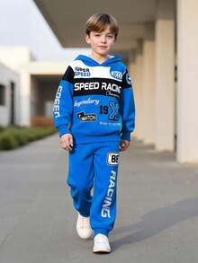 2pcs/Set Boys' Letter Print Hooded Sweatshirt And Pants, Street Fashion Knit Long Sleeve Top And Trousers, Suitable For Spring, Autumn And Winter