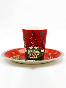 12 件圣诞主题一次性纸杯和盘子套装，圣诞节一次性纸杯和盘子 - 彩色 - 查看 10