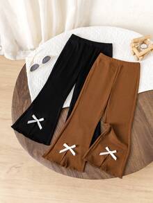 2件套女童罗纹喇叭裤，白色蝴蝶结裤脚开衩，黑色和棕色，日常必备单品 - 彩色 - 查看 1