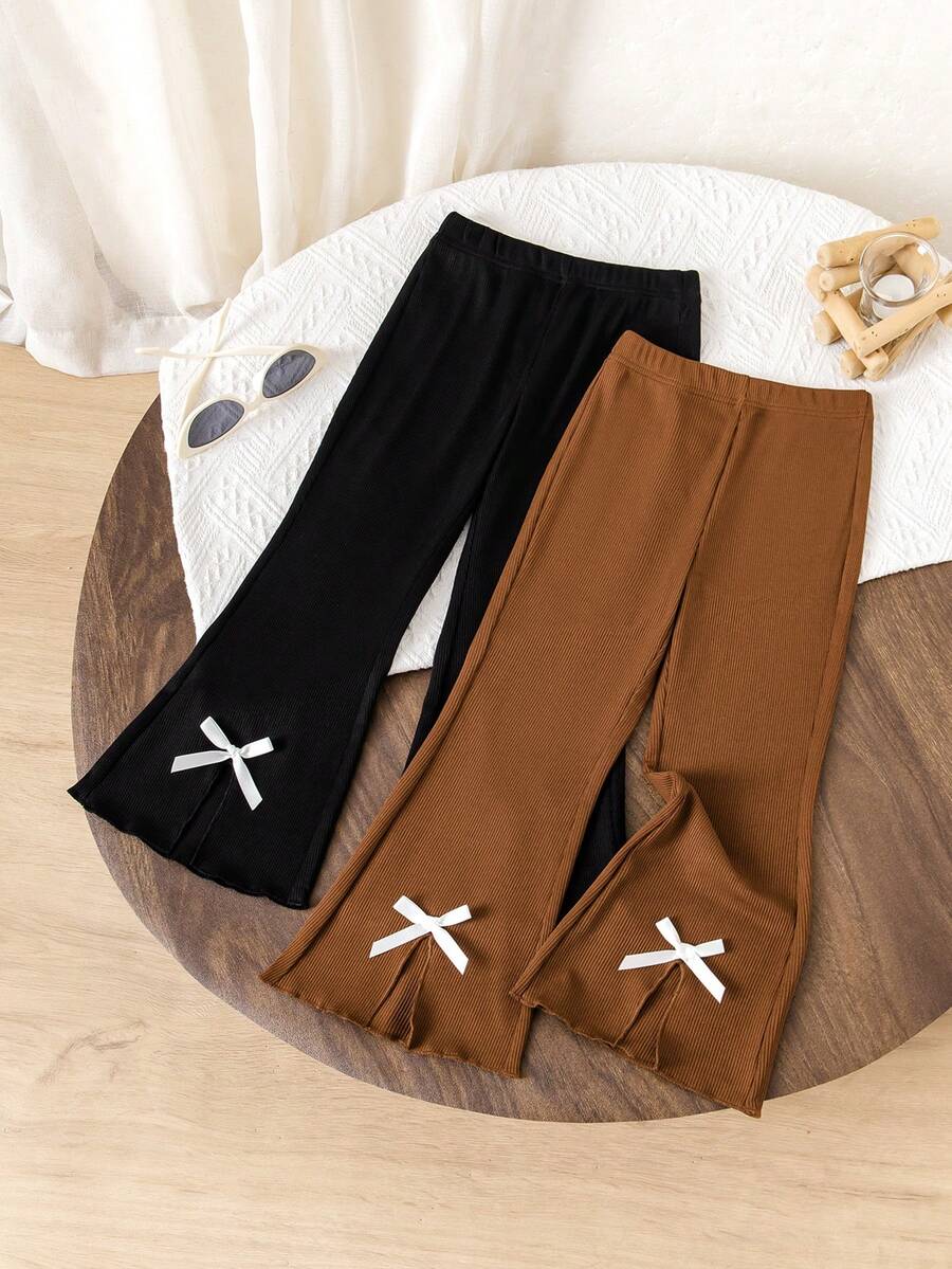 2件套女童罗纹喇叭裤，白色蝴蝶结裤脚开衩，黑色和棕色，日常必备单品 - 彩色 - 查看 1
