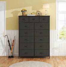 BURN Cómoda de 13 Cajones para Dormitorio, Cómoda de Tela con Tapa de Madera y Estructura de Acero, Mueble de Almacenamiento con Cajones de Tela para Dormitorio, Salón, Pasillo(Negro) - 1 - Ver 8