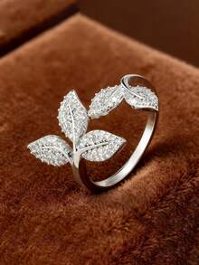 rakol 1pc Fashionable Cubic Zirconia Leaves Decoration Open Ring Suitable For Women's Daily Wear - Silver - View 15