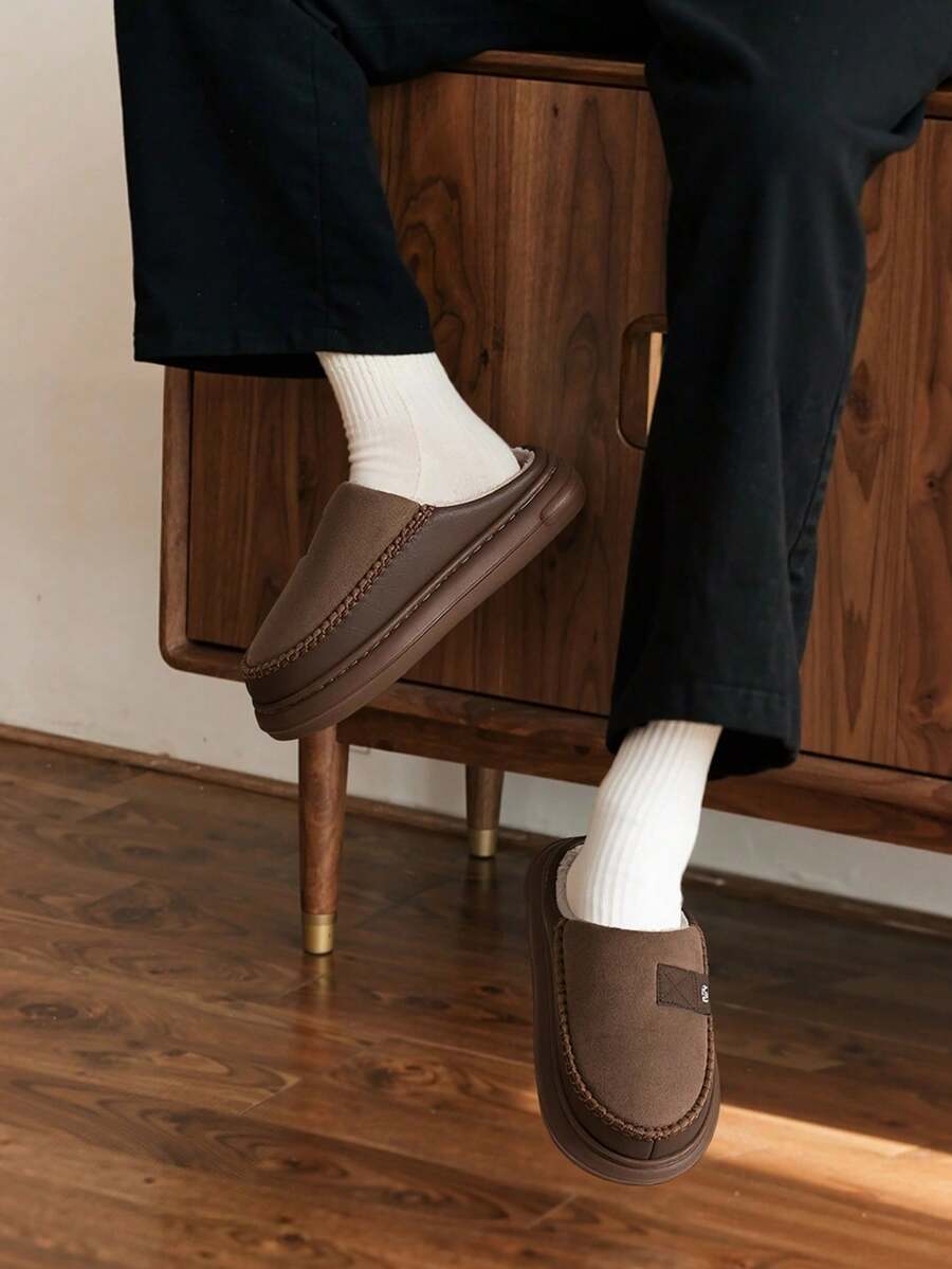 Men's Slippers - Men's Indoor Slippers - Men's Simple Design Letter Pattern Plush Slippers With Soft Sole, Comfortable Indoor Casual Warm House Slippers