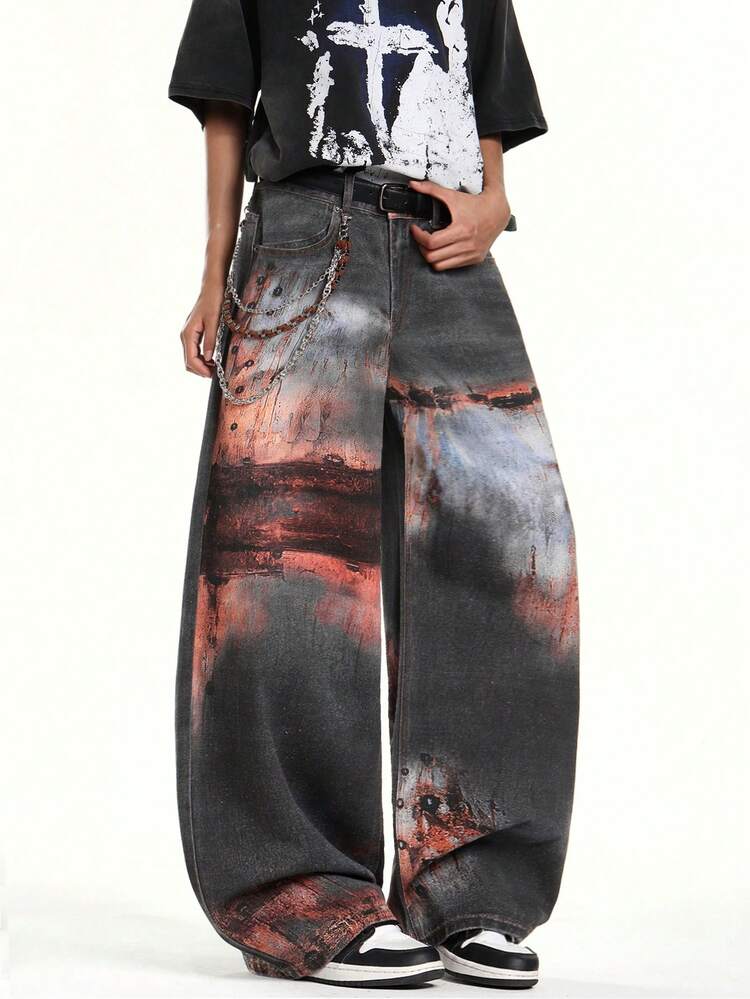 1 Peça Calça Jeans Bege Masculina Personalizada da Marca de Nicho Justice Brother, Calça Larga e Solta de Estilo Casual (Cinto e Acessórios Não Incluídos) - Marrom - Visão 2