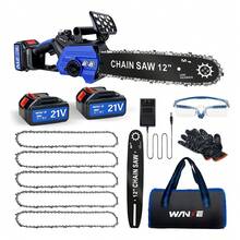 Wanse 1100W Potencia Motosierra Inalámbrica Portátil Eléctrica 12 Pulgadas Mano Portátil Con 5 Cadenas Y 2 Batería Y 1 Cargador Y Guantes Herramientas Ideal Para Jardinería Y Podar Árboles Pequeños - Azul - Ver 1