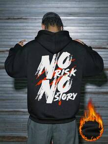 K-GLORY Men's "No Risk No Story" Slogan Print Thermal Lined Hoodie, American Street Style, Autumn/Winter - Black - View 5