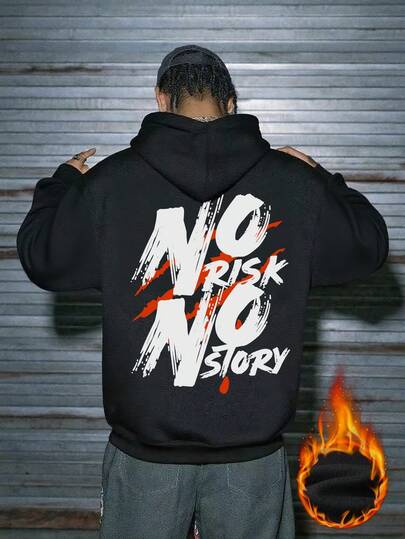  Zrgoth 男士“No Risk No Story”标语印花保暖连帽衫，美式街头风格，秋冬款
