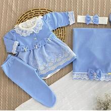 Maternity Outfit With 6 Pieces In Knitted Fabric – Dress, Bodysuit, Blanket, Gloves And Tiara, Size RN - Màu xanh nhạt - Xem 2