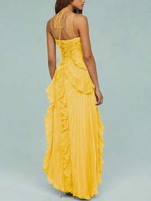 Women's Elegant Backless Long Skirt Sleeveless High Waisted Pleated Ruffle Party Dance Evening Gown - Màu vàng - Xem 2
