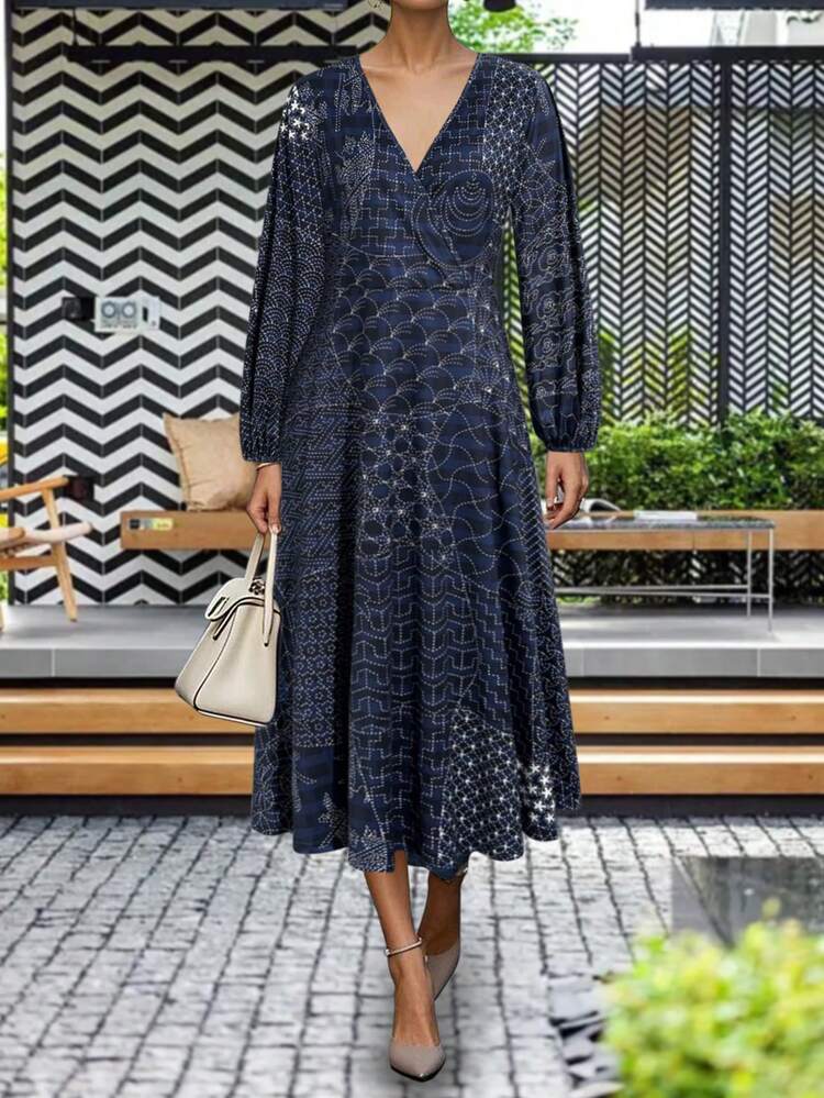 时尚优雅的女士长袖连衣裙，适合休闲、工作、旅行，适合秋冬季节 - 藏蓝色 - 查看 3