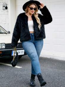 Plus Size Fashionable Faux Fur Vest, Everyday Wear, Autumn/Winter - Black - View 5