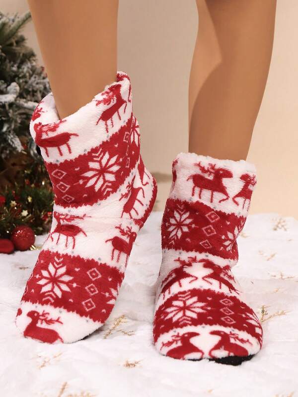 2025 Autumn/Winter New Deer Pattern Women's House Slippers, Fashionable Christmas Indoor Flat Fluffy Slip-On Mules