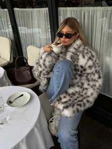 女式仿皮草豹纹大衣，优雅性感的高端外套，秋冬 - 淺灰色 - 查看 5