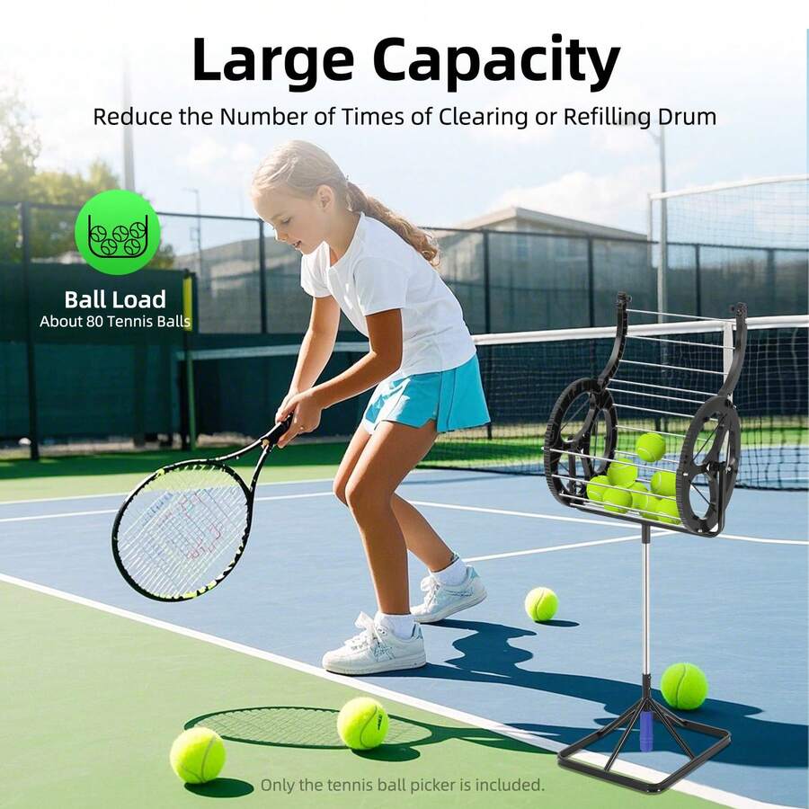 2-In-1 Tennis Ball Automatic Picker With Handle,Tennis Ball Hopper,Tennis Field Equipment Auto Collector Picker Retractor 80 Tennis Balls - Black+Silver - View 1