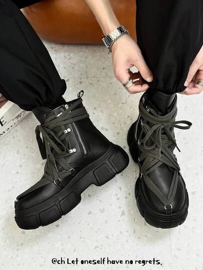 SLnU3 3 pares de botas casuales de moda para hombres con suela gruesa y cordones, estilo punk personalizado y creativo, adecuadas para la calle, con cinta impresa al azar, versátiles para todas las estaciones