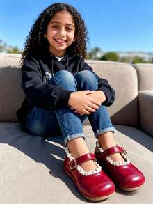 3-12岁女童酒红色蕾丝边PU皮防滑魔术贴低帮平底鞋，甜美复古洛丽塔风格，适合日常休闲、学校派对、新年庆典等场合，畅销款 - 酒紅色 - 查看 6