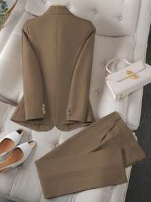 Solid Color Single Button Long Sleeve Single-Breasted Waistcoat Suit Pants Two-Piece Set - màu nâu - Xem 2