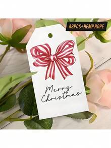 48pcs Christmas Elegant Watercolor Bow Christmas Gift Tags – Red/White Striped, Blank Cursive-Friendly Paper, With Hemp Rope | For Holiday Gift Wrapping, Gift Exchanges, Party Decor & Christmas Card Crafts - Multicolor - View 2