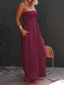 Womens Strapless Smocked Wide Leg Jumpsuit Sleeveless Casual Summer Chiffon Romper With Pockets - 酒紅色 - 查看 1