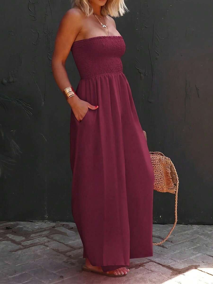 Womens Strapless Smocked Wide Leg Jumpsuit Sleeveless Casual Summer Chiffon Romper With Pockets - 酒紅色 - 查看 1