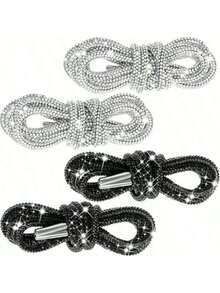 2pcs Shoelaces With Embellishments, Fashion Glitter Sneakers And Flat Shoes Summer Party - Silver - View 2